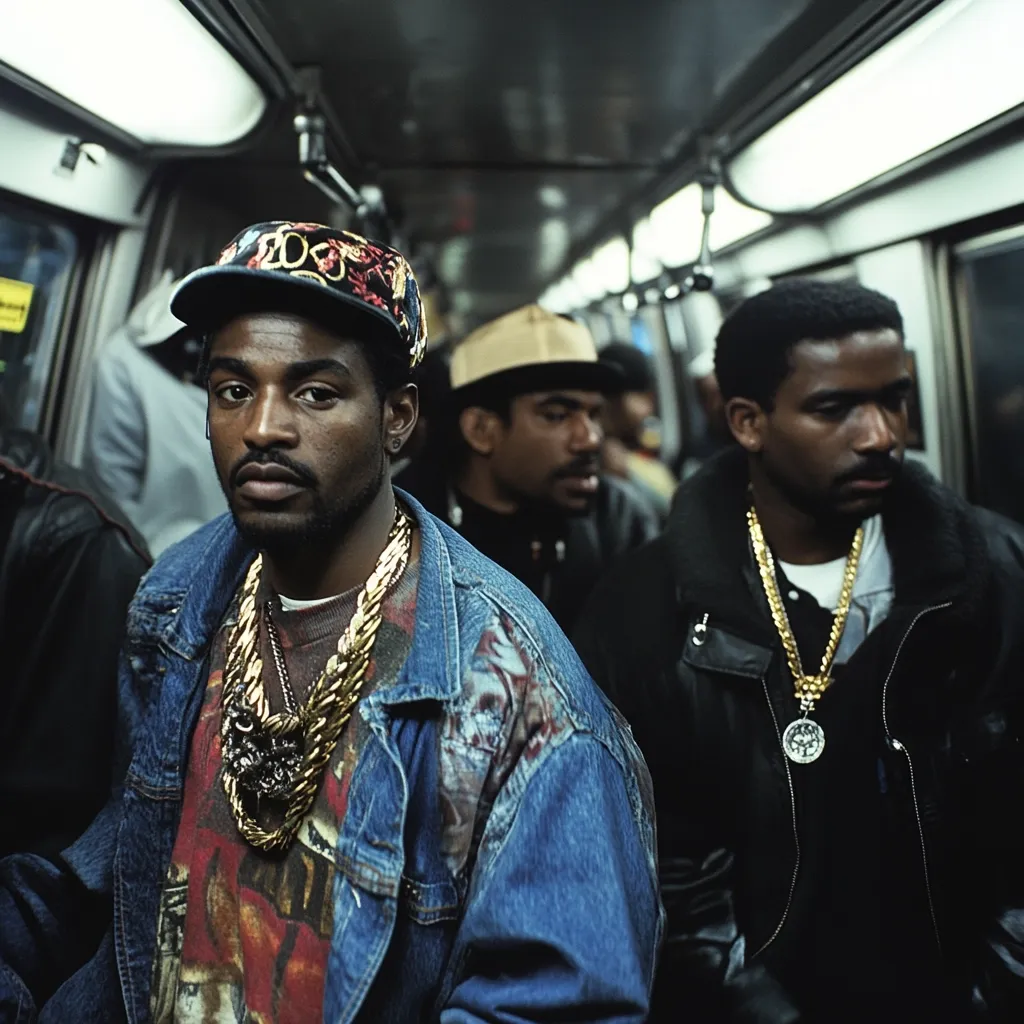 The photo shows a group of young Black men on a subway car. The focus is on a man in the foreground wearing a denim jacket, a patterned cap, and multiple thick gold chains. He has a serious expression.  Behind him, other men, also wearing gold chains and hats, appear less distinct. The overall atmosphere is one of urban coolness, reflecting a style common in hip-hop culture of the 1980s or 1990s.  The dimly lit subway car adds to the gritty ambiance.
