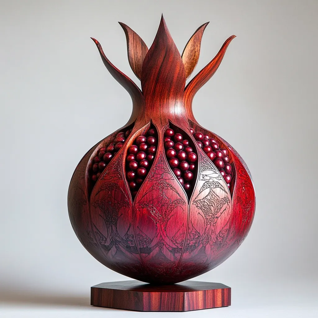 This exquisitely crafted wooden sculpture depicts a pomegranate.  The deep red wood is intricately carved to resemble the fruit's segmented interior, filled with small, round beads representing the seeds.  Intricate etched designs adorn the surface, adding depth and detail.  The crown is elegantly formed with flowing petals, and it rests on a small, hexagonal base, complementing the overall artistic design. The piece showcases exceptional skill in woodworking and attention to detail.