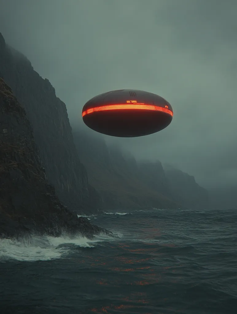 A dark, moody image depicts a sleek, disc-shaped spacecraft hovering silently over a turbulent ocean.  The vessel, a deep reddish-brown, glows with a bright orange line along its circumference.  Stormy waves crash against a rugged, dark coastline, framed by ominous, shrouded mountains. The overall atmosphere is one of mystery and quiet tension.  The scene evokes a sense of isolation and the unknown.