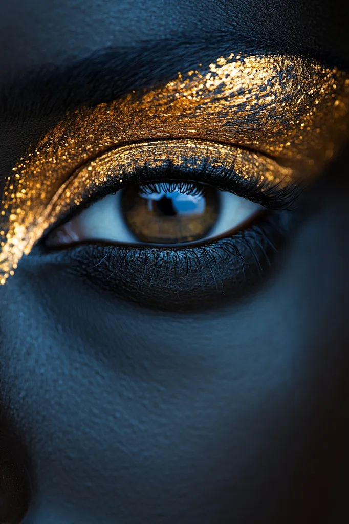 Here's a description of the image:

Close-up view of a person's eye, dramatically styled with dark, almost black, eyeshadow and a striking gold glitter eyeshadow accentuating the upper eyelid. The gold glitter is applied in a textured, slightly messy way, adding to the intensity. The eye itself is dark brown, and the lashes are thick and dark. The skin surrounding the eye is a deep blue or dark-toned, creating a strong contrast with the gold. The overall effect is one of high fashion, dramatic makeup, and artistic expression. The image is sharply focused on the eye, making it the undeniable center of attention.