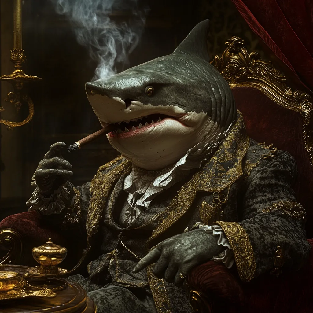 A great white shark, anthropomorphized in a lavish, dark-grey, gold-trimmed coat, sits regally in a velvet armchair.  Smoke curls from a cigar held delicately in its fin-like hand.  The opulent setting, with hints of gold décor and rich fabrics, contrasts dramatically with the shark’s predatory features, creating a surreal and darkly humorous image. The shark appears sophisticated and powerful, a master of its domain.