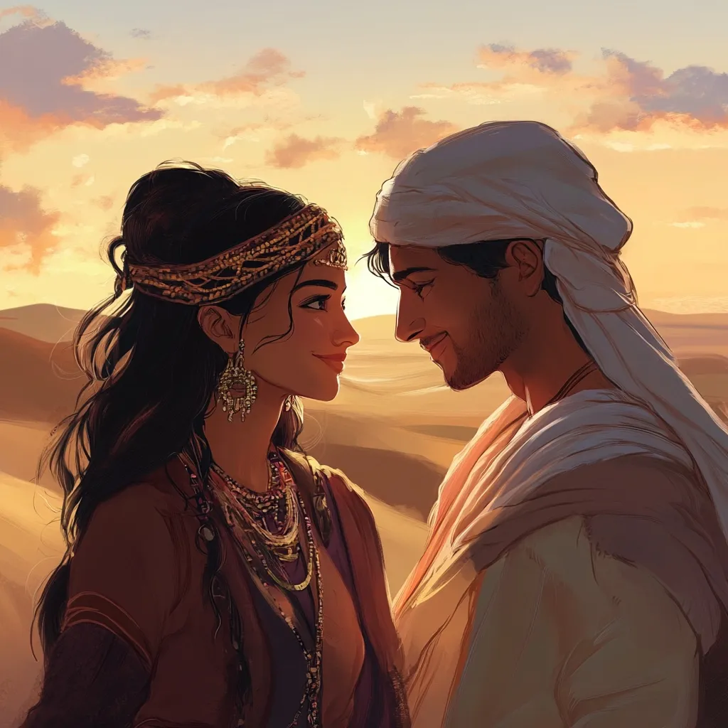 Here's a description of the image:

The artwork depicts a romantic scene of a young couple in desert attire, likely set during sunset.  The woman, adorned with elaborate dark hair, a gold headpiece, and numerous necklaces, gazes lovingly at the man. He, wearing a white keffiyeh, returns her tender gaze with a gentle smile. Their expressions and body language convey deep affection.  The warm hues of the setting sun bathe the desert landscape, creating a romantic and serene atmosphere. The style is painterly, with soft lighting and details that evoke a sense of warmth and intimacy.