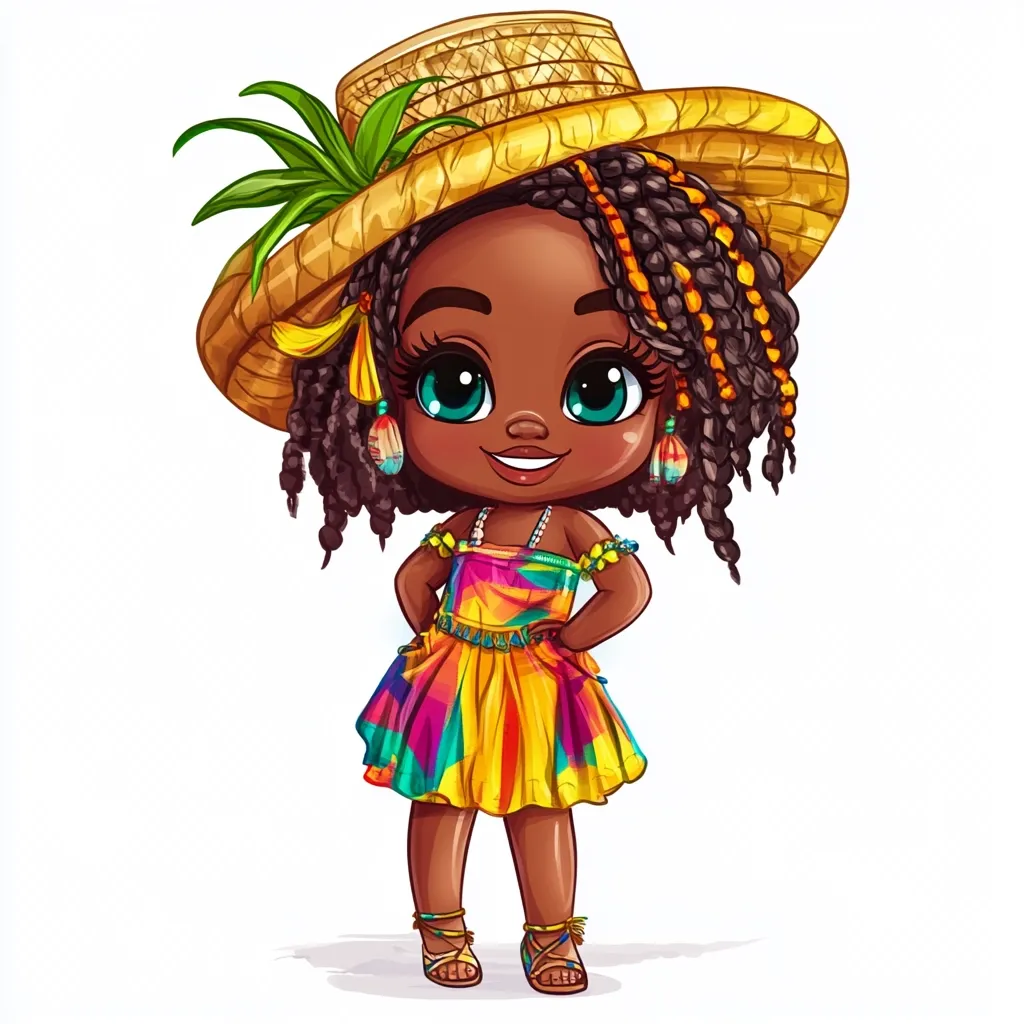 A charming illustration depicts a young Black girl with dark brown, braided hair adorned with yellow accents. She's dressed in a vibrant, multicolored dress and wears a large, straw sun hat with a plant accent.  Her large, expressive eyes and confident pose create a joyful, summery feel. The overall style is cute and cartoonish, with bright colors and exaggerated features.  The girl stands confidently, hands on hips, against a plain white background.
