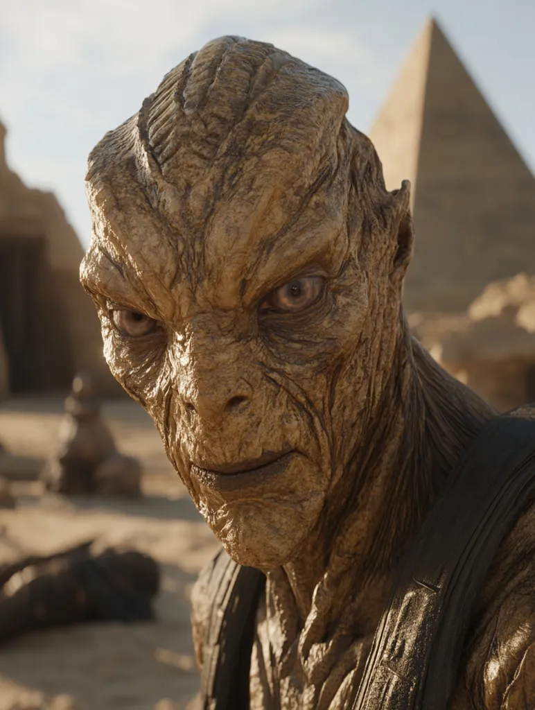Close-up of a weathered, alien creature.  Its skin is textured and a pale brownish-gold, with deep-set, intense eyes.  The creature's face is severe, almost scowling.  The background is blurred, showing a desert landscape with pyramids, suggesting an ancient or otherworldly setting. The creature's attire is dark and simple, possibly straps or a harness.  The overall impression is one of age, strength, and perhaps menace.