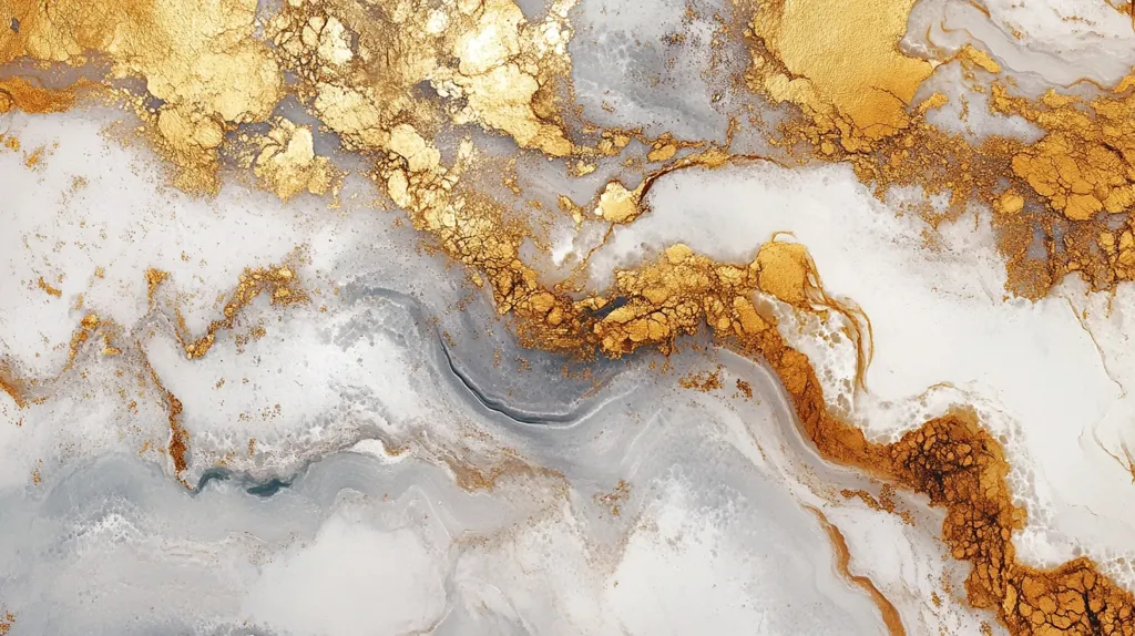 The image showcases an abstract artwork resembling a marble texture.  Swirling patterns of white and grey blend seamlessly, creating a fluid, ethereal effect.  Intricate veins of gold leaf are scattered throughout, adding a luxurious and opulent touch. The interplay of light and shadow within the gold accents enhances the depth and dimensionality of the piece, suggesting a sense of movement and fluidity. The overall aesthetic is elegant and sophisticated, reminiscent of a high-end design.