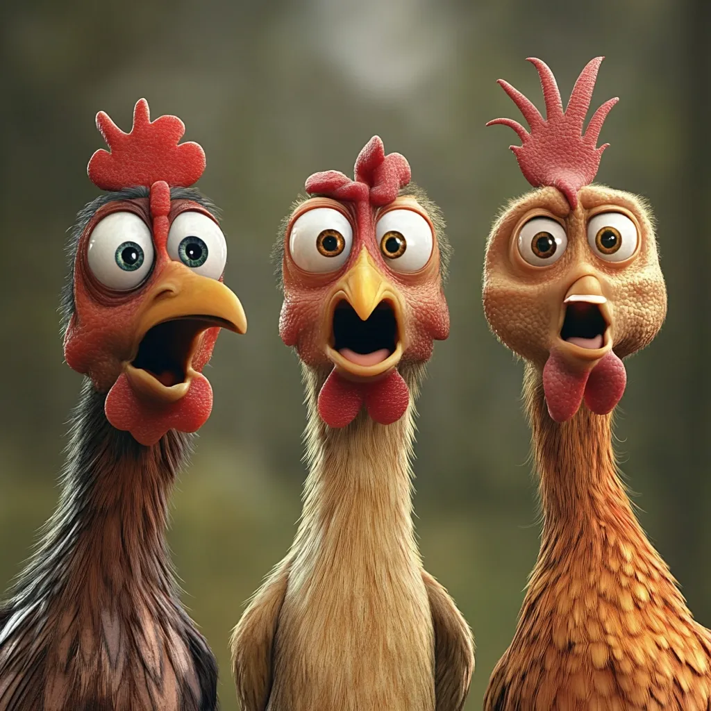 Here's a description of the image:

Three cartoon chickens, rendered in photorealistic 3D style, stare wide-eyed at the viewer with open beaks in a surprised expression.  The chicken on the left is dark brown, the center one is light tan, and the one on the right is a reddish-brown.  They all have large, expressive eyes and comically oversized combs.  The background is blurred, suggesting a natural, out-of-focus setting.  The overall style is humorous and slightly surreal.