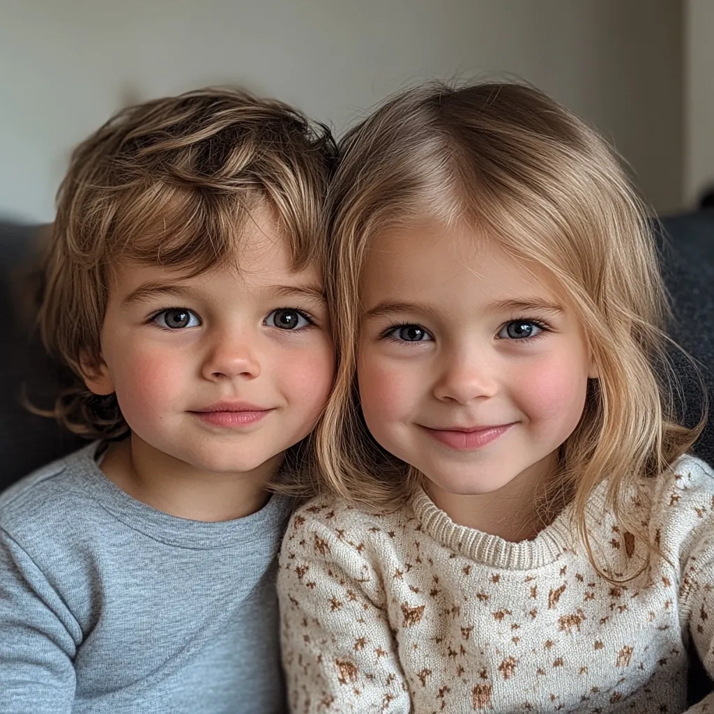 Here's a description of the image:

Close-up view of two young children, a boy and a girl, sitting close together. The boy, on the left, has light brown, somewhat wavy hair and is wearing a light grey sweatshirt.  The girl, on the right, has long, light blonde hair and is wearing a cream-colored sweater with a subtle pattern. Both children have fair skin and large, expressive eyes. They appear to be siblings, sharing a tender and intimate moment.  The background is blurred, suggesting a soft focus on the children.  Their expressions are sweet and peaceful, conveying a sense of closeness and affection.