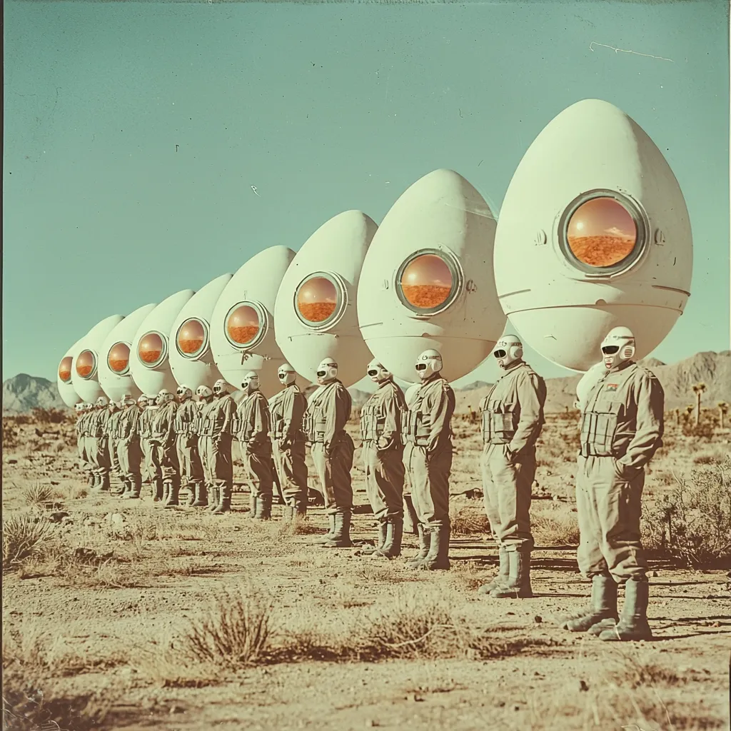 Here's a description of the image:

The image is a surreal, vintage-style depiction of a line of soldiers in a desert landscape. Each soldier carries a large, egg-shaped object on their shoulders, featuring a circular window revealing a reddish-orange, possibly alien, landscape. The soldiers wear light beige, utilitarian uniforms and white helmets. The overall aesthetic is a blend of retro-futurism and science fiction, creating a mysterious and somewhat unsettling atmosphere. The color palette is muted, with a predominantly beige and light teal sky. The scene suggests a military formation of some kind, hinting at a mission or exploration in a desolate, otherworldly environment.