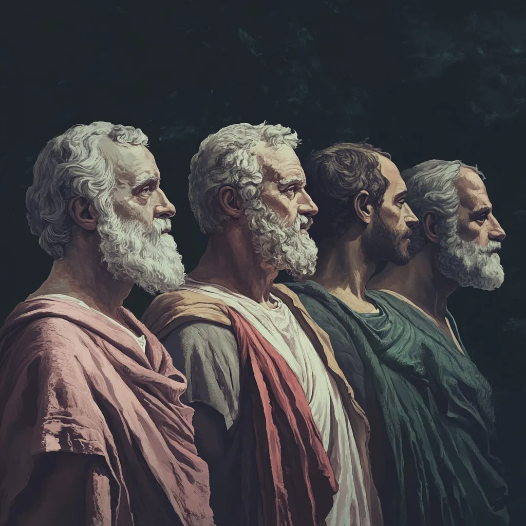 The image depicts four elderly men, profile view, appearing as classical philosophers or statesmen.  Each has white or grey hair and beards, and they're dressed in simple, draped robes of varying colors – muted pinks, reds, and greens. The style is reminiscent of classical portraiture, with a dark, moody background that accentuates the figures.  They stand shoulder-to-shoulder, creating a sense of unity and shared history. The painting evokes a feeling of wisdom, age, and contemplation.