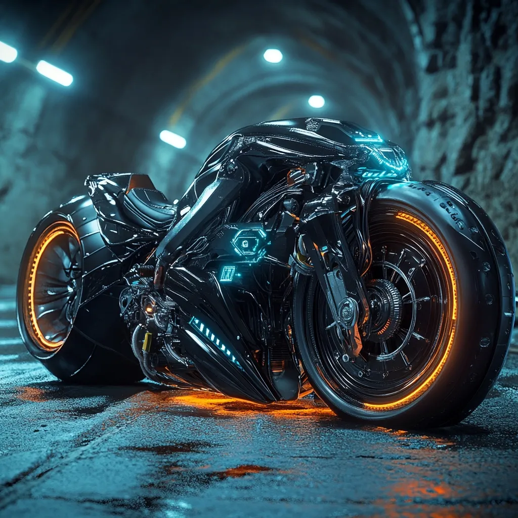 A futuristic motorcycle, sleek and black, dominates the image.  Its design is intricate, with exposed mechanical elements highlighted by glowing turquoise and orange accents. The bike sits in a dimly lit, possibly underground, tunnel, the damp concrete reflecting the neon lights. The large, futuristic wheels are rimmed with vibrant orange, contrasting with the motorcycle's dark body.  The overall aesthetic is one of high-tech cyberpunk style.