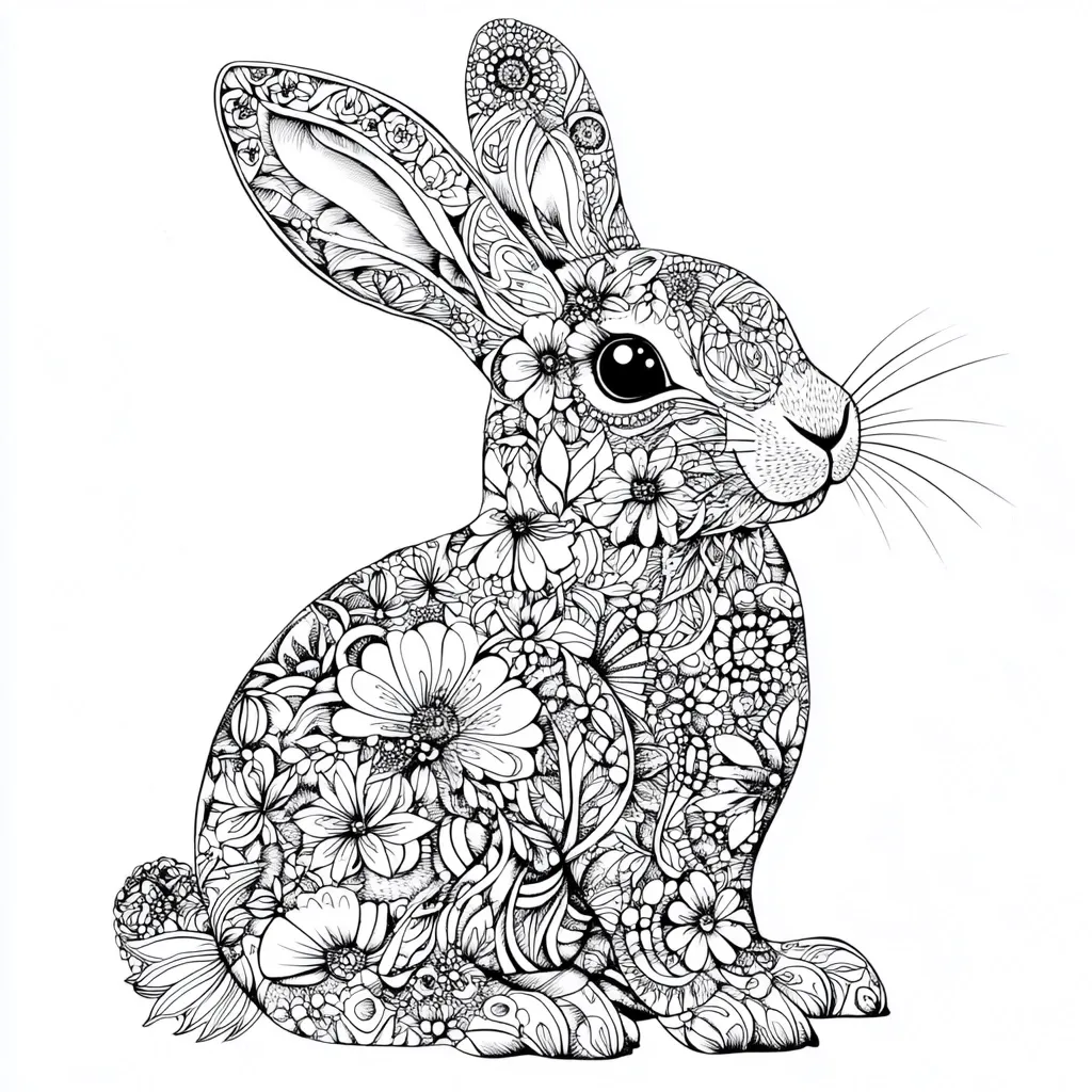 Here's a description of the image:

The illustration showcases a rabbit meticulously adorned with an intricate floral design.  Every part of the rabbit, from its long ears to its paws, is completely covered in a dense pattern of flowers, leaves, and swirling lines, creating a detailed and almost lace-like effect. The style is reminiscent of a coloring book page, with the black ink lines clearly defined against a white background. The rabbit's large, expressive eyes add a touch of gentleness to the otherwise ornate design.  The overall impression is one of intricate detail and delicate beauty.