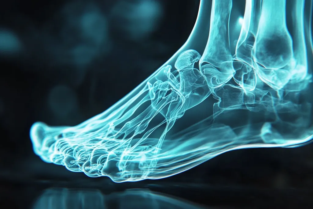 Here's a description of the image:

The image is a stylized, close-up view of a human foot and lower leg, rendered in a translucent, ethereal teal blue.  The bones are clearly visible, with the intricate network of joints and ligaments suggested by wispy, glowing lines.  The background is a blurred, dark teal, providing a stark contrast to the luminescent foot. The overall impression is one of anatomical detail presented in a visually artistic and almost otherworldly manner.  The foot is positioned slightly angled, with the sole facing down, reflecting faintly on a dark surface.