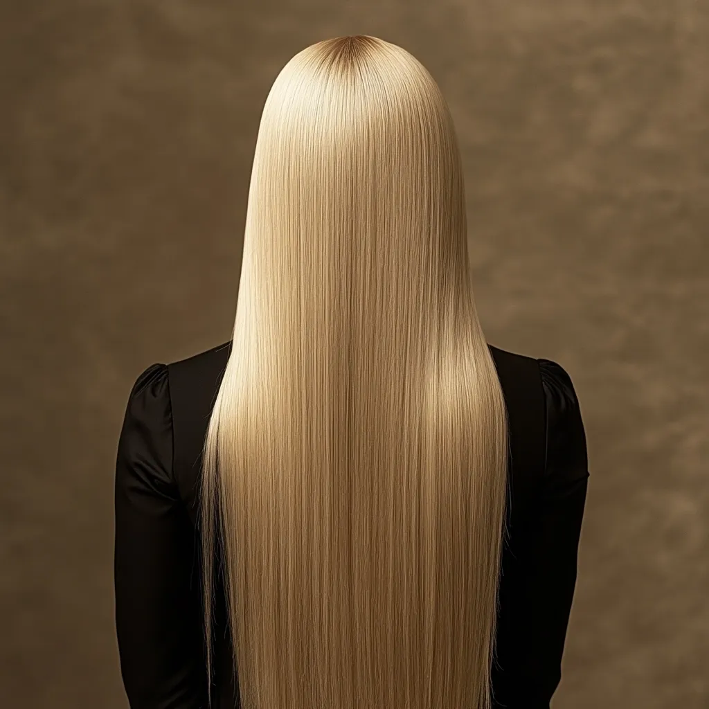 The image shows the back of a person with exceptionally long, straight, and light blonde hair.  The hair is smooth and appears healthy, falling in a single, unbroken curtain down to the lower back. The individual is wearing a simple black top, providing a stark contrast to the blonde hair. The background is a muted, earthy brown tone, drawing focus to the hair's vibrancy and length.  The overall impression is one of sleekness and beauty.