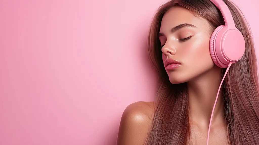 Here's a description of the image:

Close-up view of a young woman with long, straight brown hair, wearing vibrant pink over-ear headphones. Her eyes are closed, suggesting she's listening to music, and her expression is serene.  Her skin has a smooth, healthy glow. The background is a solid, soft pink, creating a visually appealing contrast with the headphones and the woman's hair. The overall aesthetic is clean, feminine, and stylish.