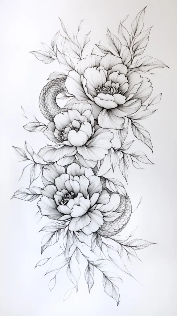 Here's a description of the image:

The image is a detailed pencil sketch of a delicate floral arrangement featuring three large, intricately drawn peonies.  A snake subtly weaves its way through the blossoms and leaves, its scaled texture rendered with fine lines.  The peonies are rendered with shading to show depth and texture in their petals.  The leaves are elegantly depicted, creating a flowing, organic composition. The overall style is delicate and slightly dark romantic, suggesting a tattoo design or botanical illustration. The background is plain white, allowing the artwork to stand out.