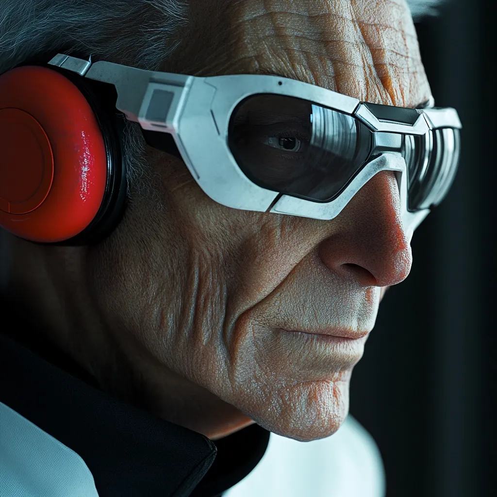Close-up of an elderly man's face, his weathered skin deeply lined. He wears futuristic, white-framed sunglasses and bright red over-ear headphones.  The image is sharply focused, highlighting the detail of his age and the contrast between his aged appearance and the technologically advanced accessories. The dark background draws attention to the subject's intense expression. The overall mood is serious and contemplative.
