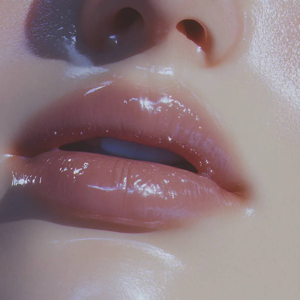 Close-up view of a person's mouth, showcasing full lips coated in glossy, light pink lip gloss.  The skin appears smooth and dewy, reflecting light. The overall aesthetic is clean, soft, and slightly ethereal, with a focus on the texture and shine of the lip gloss. The image has a dreamy, almost unreal quality.