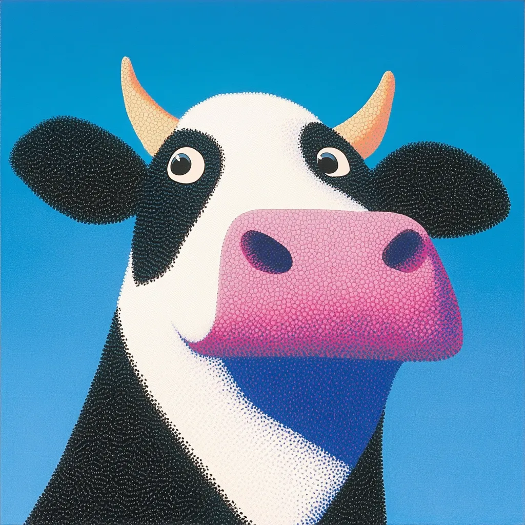 Here's a description of the image:

The illustration showcases a close-up of a cow's head and shoulders against a vibrant blue backdrop.  The cow is depicted in a pointillist style, its features rendered using countless small dots of color.  Its black and white patches are clearly defined, and its large, expressive eyes and pink nose are particularly prominent.  The cow's overall expression is one of friendly curiosity, accentuated by its slightly upturned mouth. The style is bold and playful, evoking a sense of childlike charm.