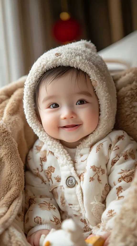 Here's a description of the image:

An adorable baby, possibly of Asian descent, is nestled in a cozy, light brown fleece blanket.  The baby is wearing an off-white hooded jumpsuit adorned with a subtle, light brown floral and animal print. The hood is fluffy and textured, adding to the warmth and cuteness.  The baby's expression is one of pure joy, with a wide, happy smile. The soft lighting and blurred background enhance the overall charming and tender atmosphere of the photo. The focus is sharply on the baby's face and the detail of the clothing.