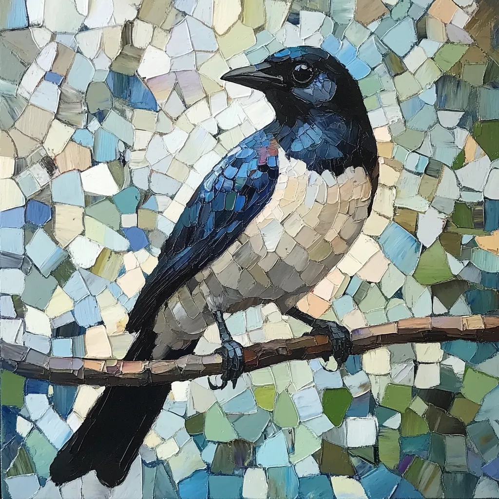 A vibrant oil painting depicts a bird, possibly a type of jay or magpie, perched on a branch. The bird's plumage is rendered in shades of deep blue, grey, and white, contrasting sharply with the background. The background is a mosaic of small, textured brushstrokes in blues, greens, and off-whites, resembling a stylized floral or foliage pattern. The artist's impasto technique gives the painting a three-dimensional quality, with visible brushwork adding texture to both the bird and its surroundings. The overall effect is a striking and modern portrayal of nature.