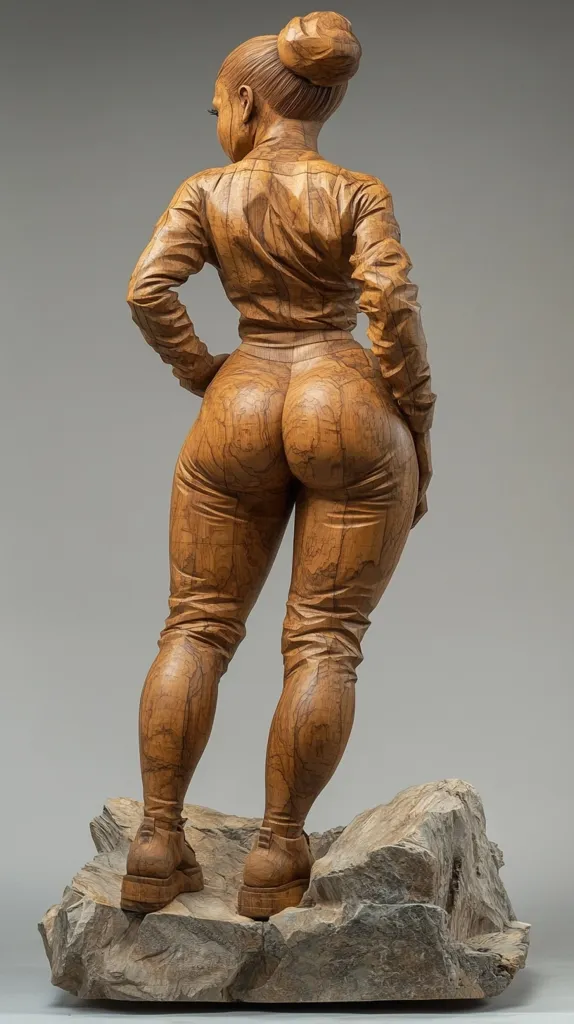 A meticulously carved wooden sculpture depicts a woman from behind, her back to the viewer.  She is wearing a form-fitting jumpsuit and boots, her hair styled in a bun. The wood grain is visible, adding texture and depth to the figure.  The woman stands on a roughly hewn wooden base resembling a rocky outcrop, enhancing the three-dimensional effect. The sculpture's detail is impressive, capturing the curves of the body and the texture of the clothing. The overall aesthetic is both realistic and artistic.