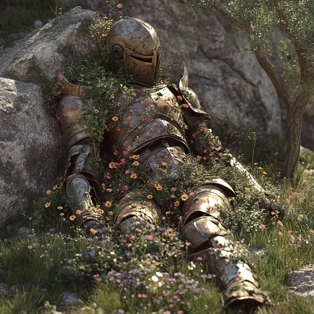 Here's a description of the image:

A weathered suit of rusty armor lies reclined amidst a vibrant profusion of wildflowers and green grass.  The armor, seemingly ancient, is partially obscured by the blossoming plants that have taken root within its crevices.  The helmet rests on the ground, adding to the overall sense of peaceful decay.  The setting suggests a secluded, possibly forgotten, location, with a large rock and the branch of a tree partially visible in the background. The scene evokes a feeling of serenity and the passage of time.