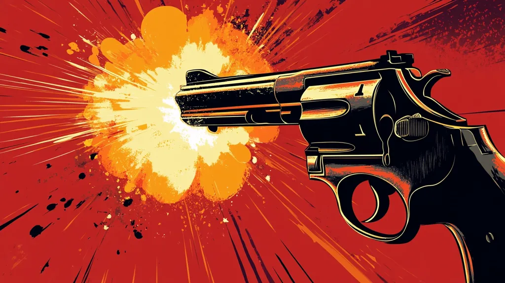 The image is a stylized illustration of a revolver firing.  The gun is depicted in dark tones, sharply contrasting with a vibrant, fiery orange and yellow explosion emanating from the barrel.  The background is a dynamic red, radiating lines suggesting motion and impact. The overall style is reminiscent of comic book art or a graphic novel, emphasizing action and violence. The focus is on the immediate aftermath of the gunshot, highlighting the force and energy released.