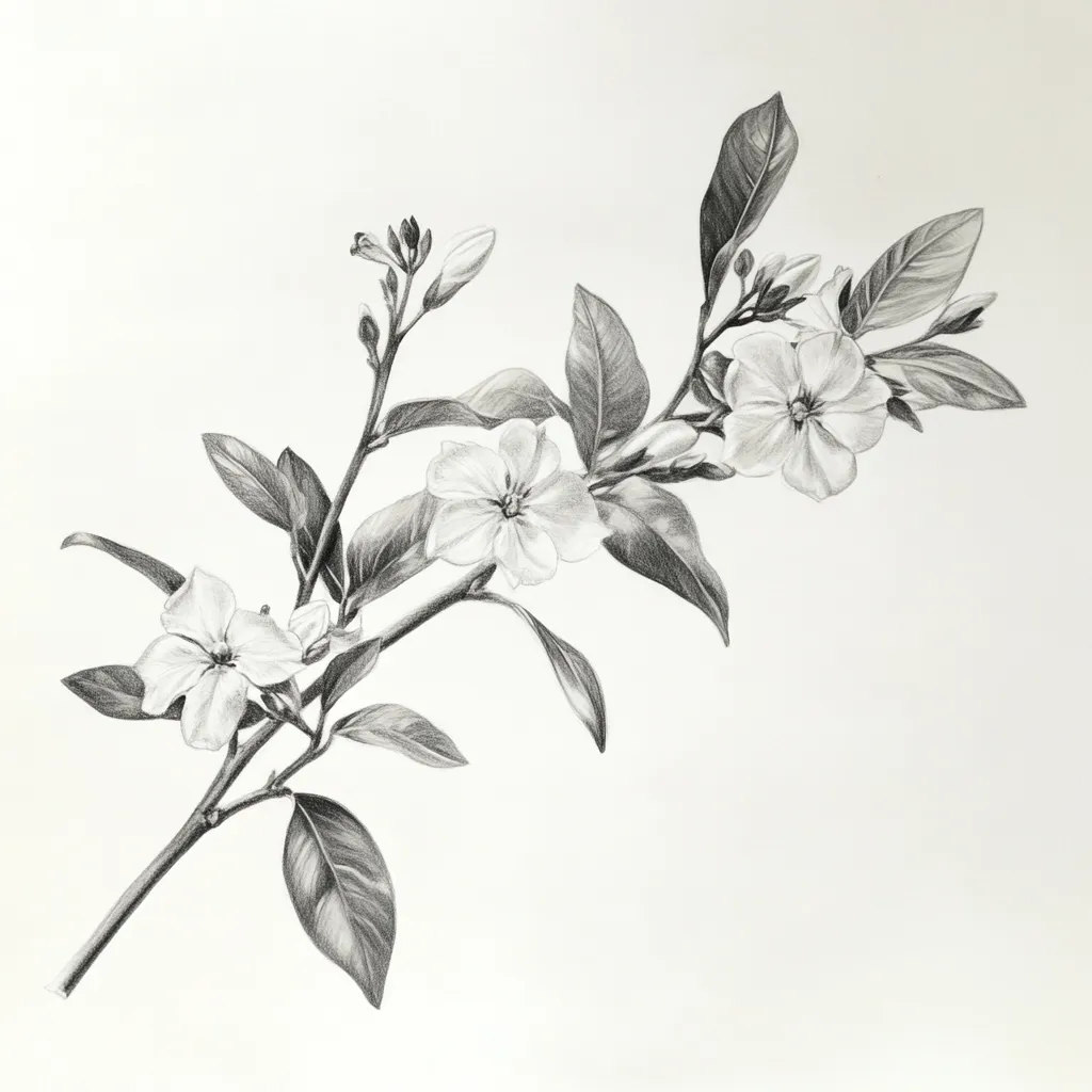 Here is a description of the image:

A detailed pencil sketch showcases a graceful branch adorned with several delicate, five-petaled flowers.  The blossoms are rendered with subtle shading, creating a sense of depth and texture.  The leaves, realistically depicted, vary in size and shape, exhibiting intricate vein details. The branch extends diagonally across the white background, creating a visually appealing composition. The overall style is botanical, emphasizing the delicate beauty of the plant.  The monochromatic palette enhances the focus on form and detail.