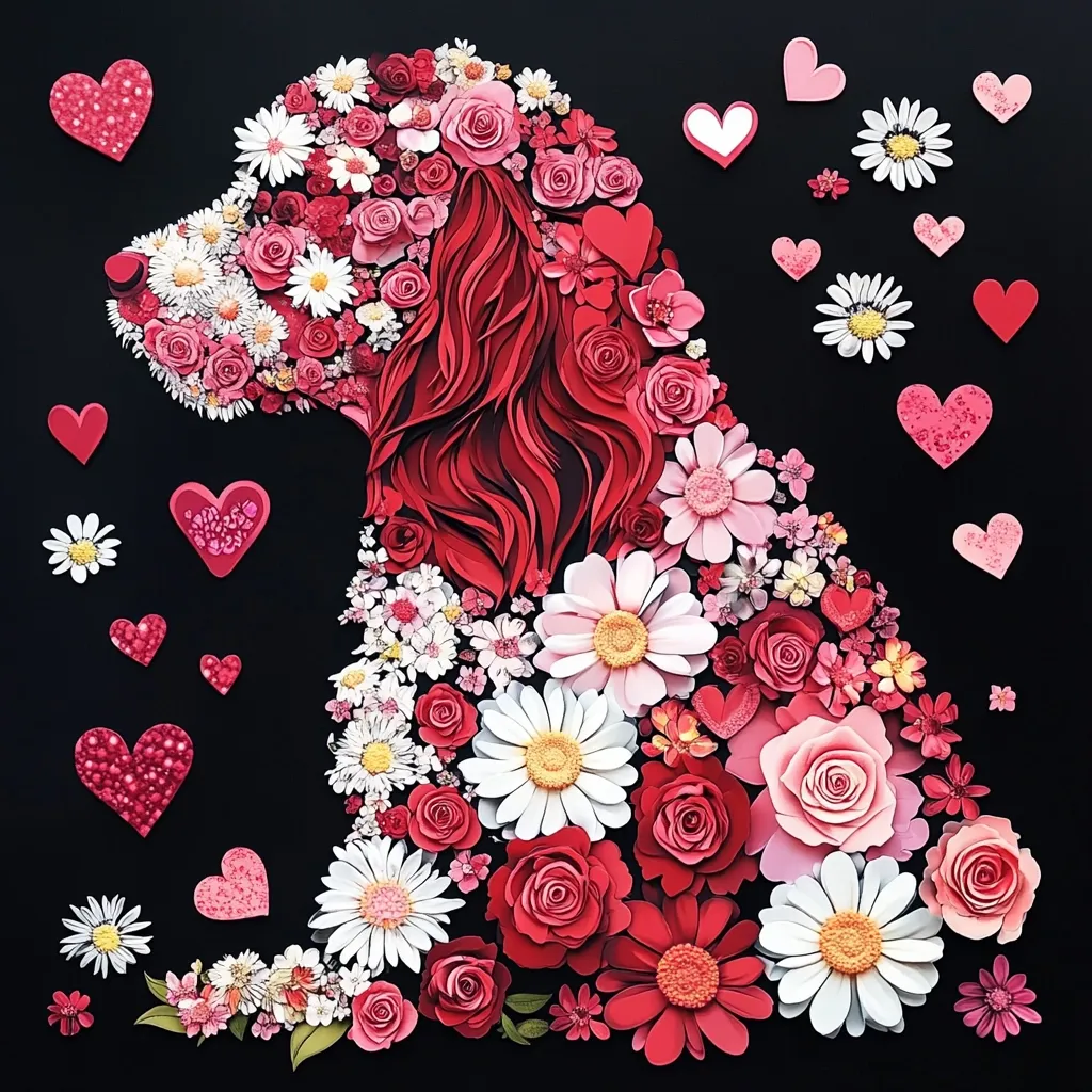 Here's a description of the image:

The artwork depicts a whimsical, stylized dog silhouette crafted entirely from intricately layered paper flowers and hearts.  Predominantly red and pink, the flowers vary in size and type, creating a textured, three-dimensional effect against a stark black background.  Smaller flowers and hearts are scattered around the dog's outline, enhancing the romantic and playful mood. The overall style suggests a Valentine's Day theme, with the dog appearing affectionate and charming. The meticulous detail in the paper flowers creates a visually rich and appealing piece.