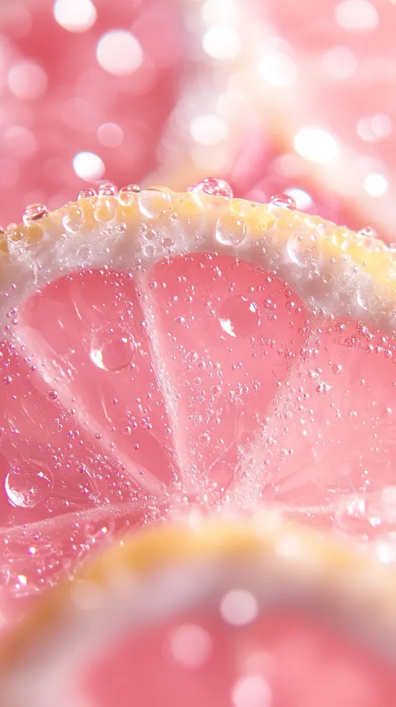 Here's a description of the image:

The image is a close-up shot of a pink citrus fruit slice, possibly grapefruit or a similar variety, submerged in a sparkling liquid.  Numerous tiny bubbles cling to the fruit's surface, creating a visually appealing texture. The overall color palette is a soft, pastel pink, with the background softly blurred and featuring bokeh effects. The lighting is gentle and diffused, highlighting the translucence of the fruit and the effervescence of the liquid. The focus is sharply on the fruit slice, drawing attention to its juicy appearance.