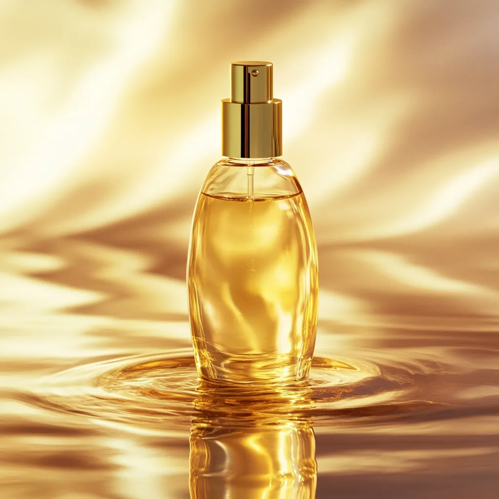 A perfume bottle, elegant and gold, rests on a shimmering golden surface. The bottle is oval-shaped with a clear glass body and a gold cap and sprayer. The liquid inside is a rich amber hue, mirroring the golden background.  The liquid creates subtle ripples where it touches the surface, enhancing the luxurious and opulent feel of the image. The overall aesthetic evokes feelings of wealth and sophistication.