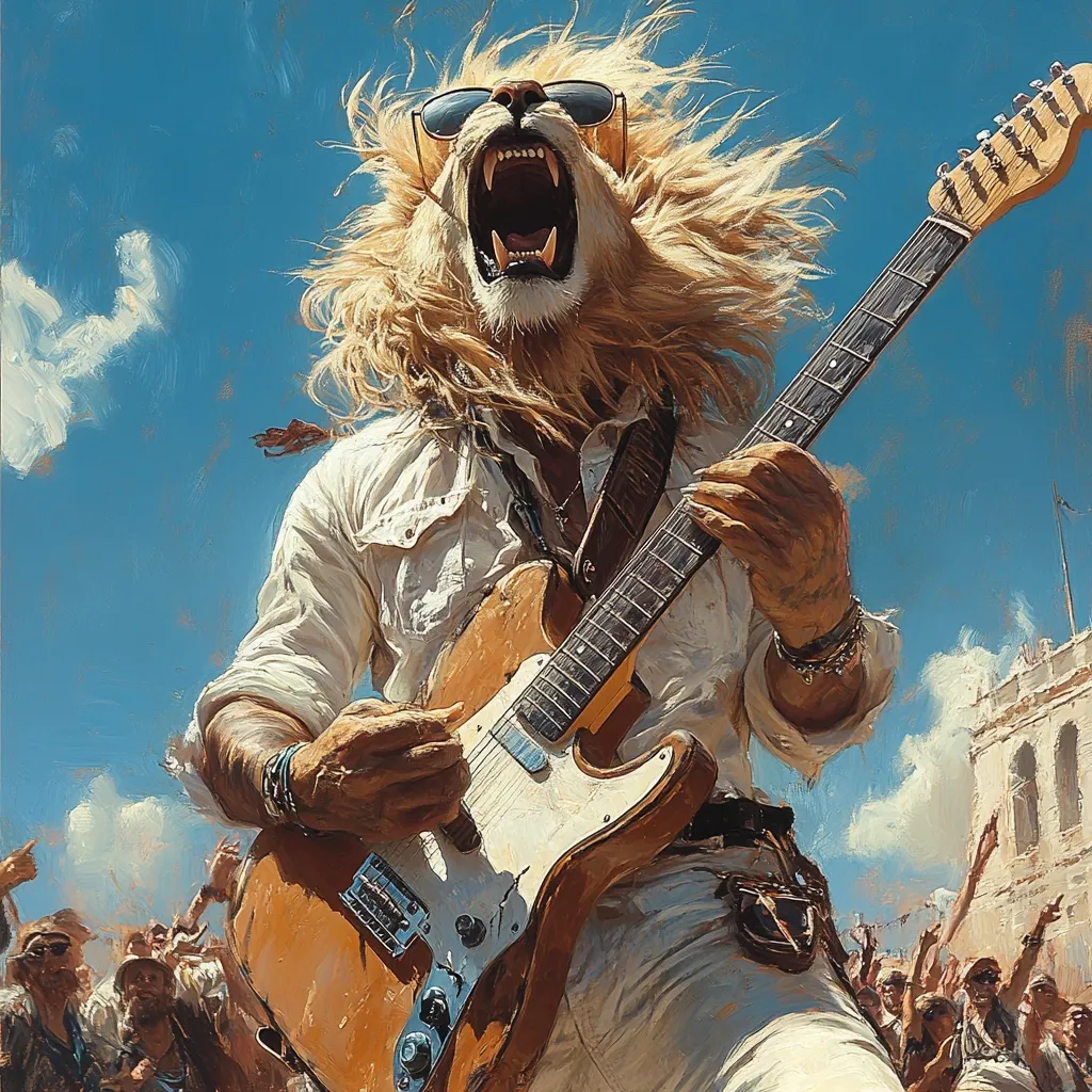 Here's a description of the image:

A vibrant, stylized painting depicts a lion with a human-like body passionately playing an electric guitar.  The lion's mane is windblown, and it wears sunglasses and a white shirt. The guitar is sun-bleached and worn, adding to the rock-and-roll aesthetic. A cheering crowd is visible in the background, suggesting a lively concert scene under a bright, blue sky. The artistic style is painterly, with visible brushstrokes, giving a dynamic and energetic feel to the piece.