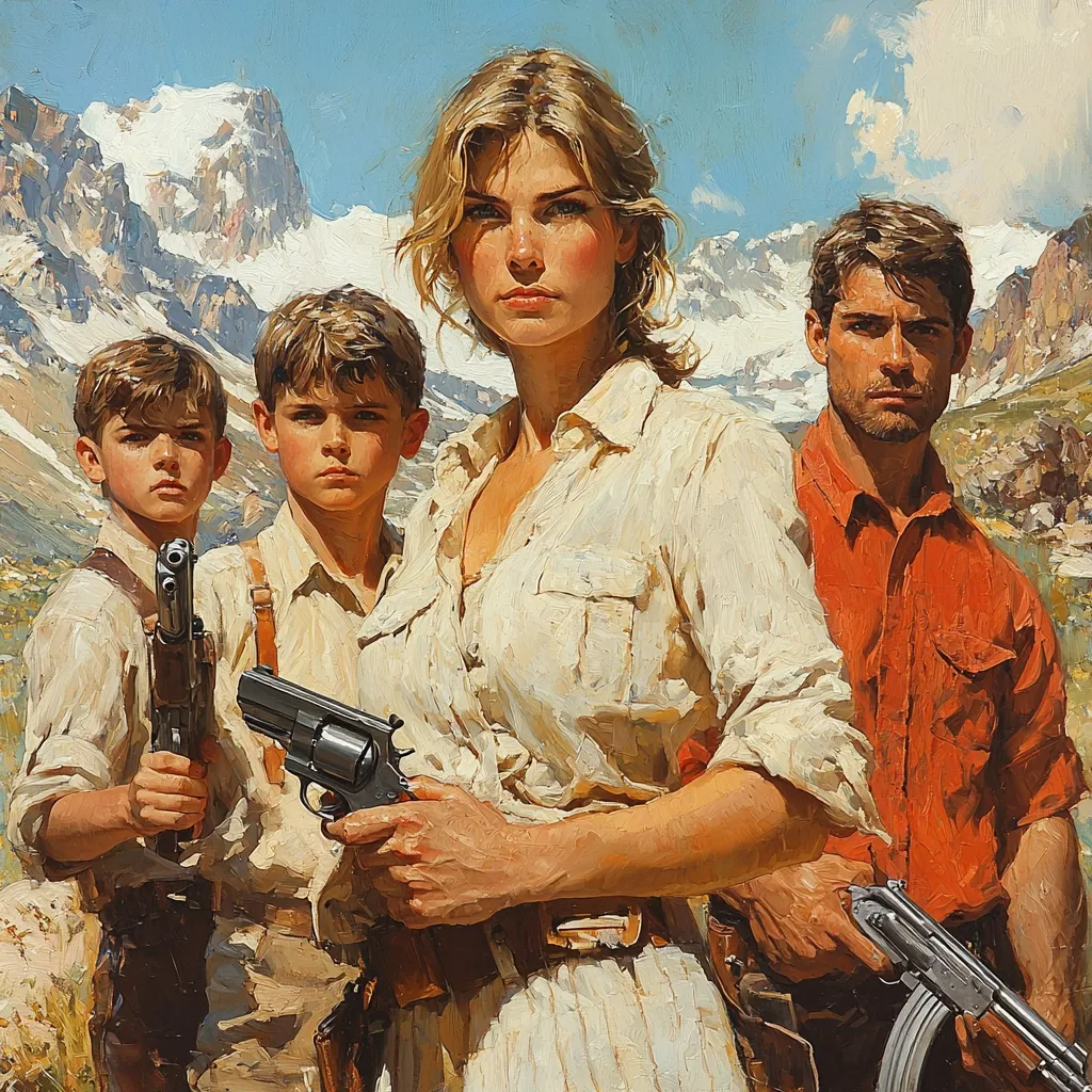 A family, a woman, man, and two boys, stand armed in a mountainous landscape.  The woman, centrally positioned, holds a revolver, dressed in a light-colored, loose-fitting shirt and trousers.  The man, wearing a burnt orange shirt, grips an AK-47.  The boys, flanking the woman, each hold a rifle.  The snow-capped mountains form a dramatic backdrop, under a bright, sunny sky, creating a powerful and evocative scene of resilience and perhaps danger. The painting style is realistic, with visible brushstrokes.