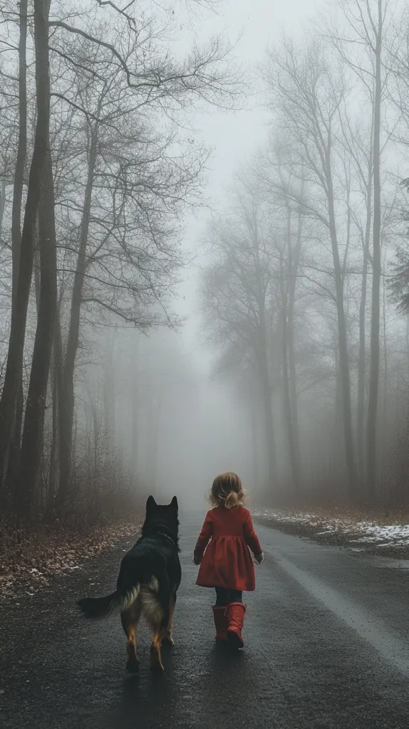 A young girl in a red coat walks down a fog-shrouded road, her German Shepherd companion trotting closely behind.  Bare, leaf-strewn trees line the path, their branches disappearing into the thick mist.  The scene is evocative of a quiet, solitary journey, with the girl and her dog seemingly the only inhabitants of this ethereal woodland. The overall mood is serene and slightly mysterious.