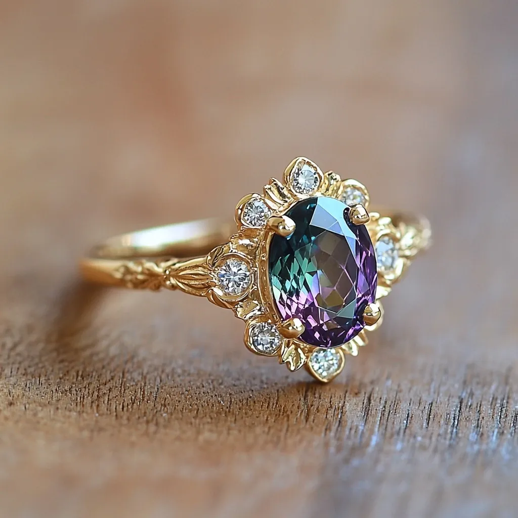 Here's a description of the image:

Close-up view of a gold ring featuring a striking oval-shaped alexandrite gemstone.  The alexandrite displays a mesmerizing color shift, appearing as a blend of teal and purple.  The gemstone is encircled by a delicate halo of smaller, brilliant-cut diamonds set in gold, creating an ornate, floral-inspired design. The gold band itself is intricately detailed with filigree work. The ring rests on a warm-toned wooden surface. The overall impression is one of elegance and luxurious craftsmanship.