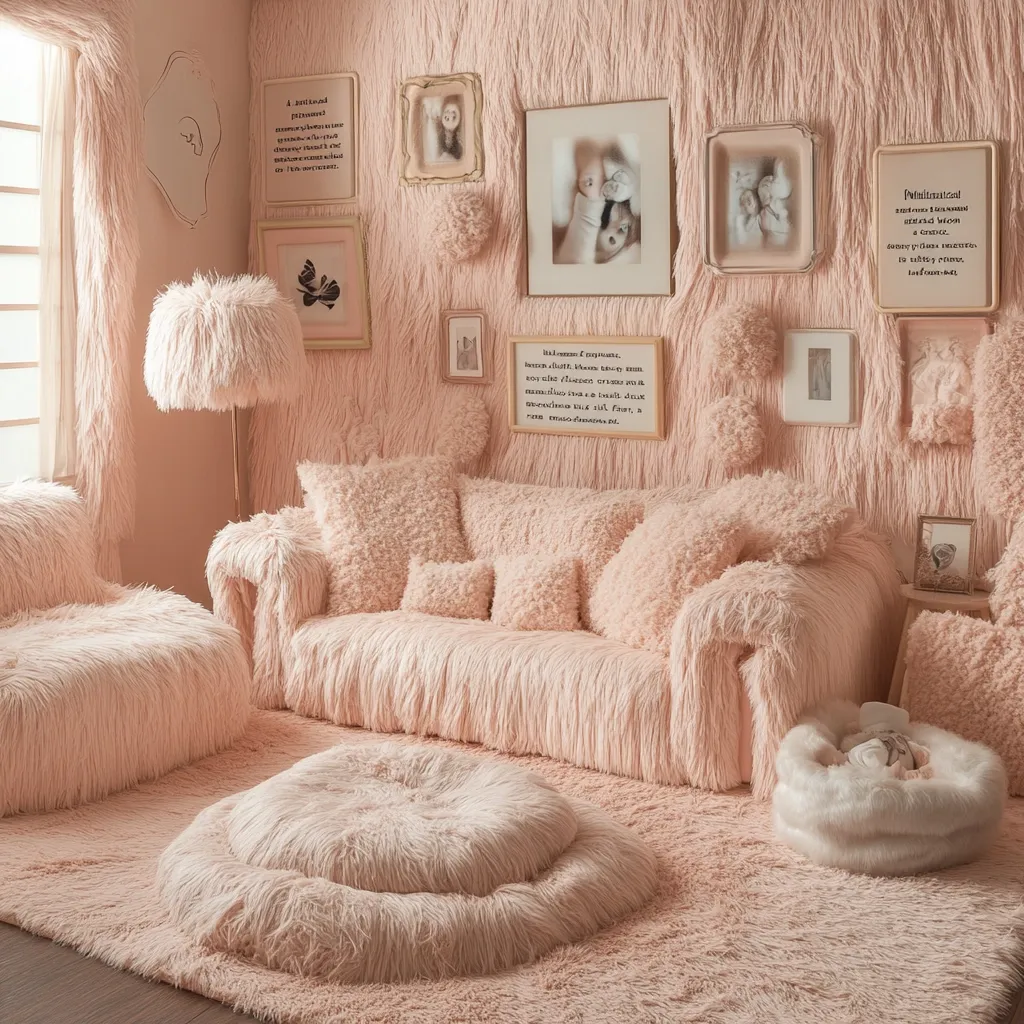 Here's a description of the image:

A plush, pink living room is entirely covered in fluffy, long-pile fabric.  A pink, shaggy sofa dominates the space, adorned with matching fluffy cushions and throws.  A similar armchair sits to the left.  The walls are similarly textured, creating a completely soft, tactile environment.  Small framed pictures and decorative items are mounted on the wall.  A circular fluffy floor cushion sits in front of the sofa, on a matching rug. The overall style is whimsical and overtly luxurious.