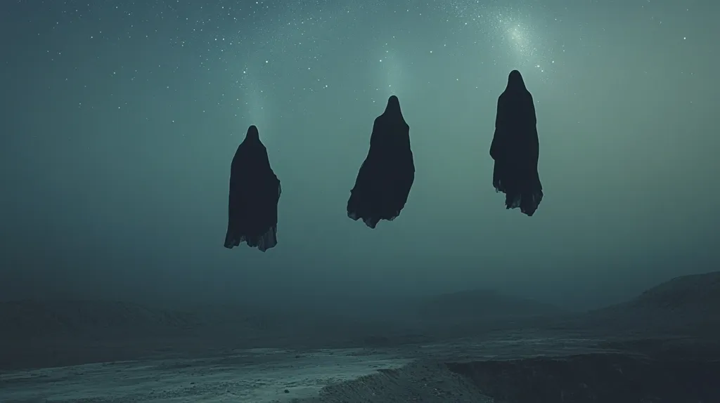 Three dark, cloaked figures hover in the twilight sky above a desolate landscape.  The figures are silhouetted against a star-filled, teal-toned night.  A hazy fog blankets the ground, obscuring the details of the barren, rocky terrain.  The overall mood is eerie and mysterious, suggesting a supernatural or otherworldly scene.  A sense of isolation and foreboding pervades the image.