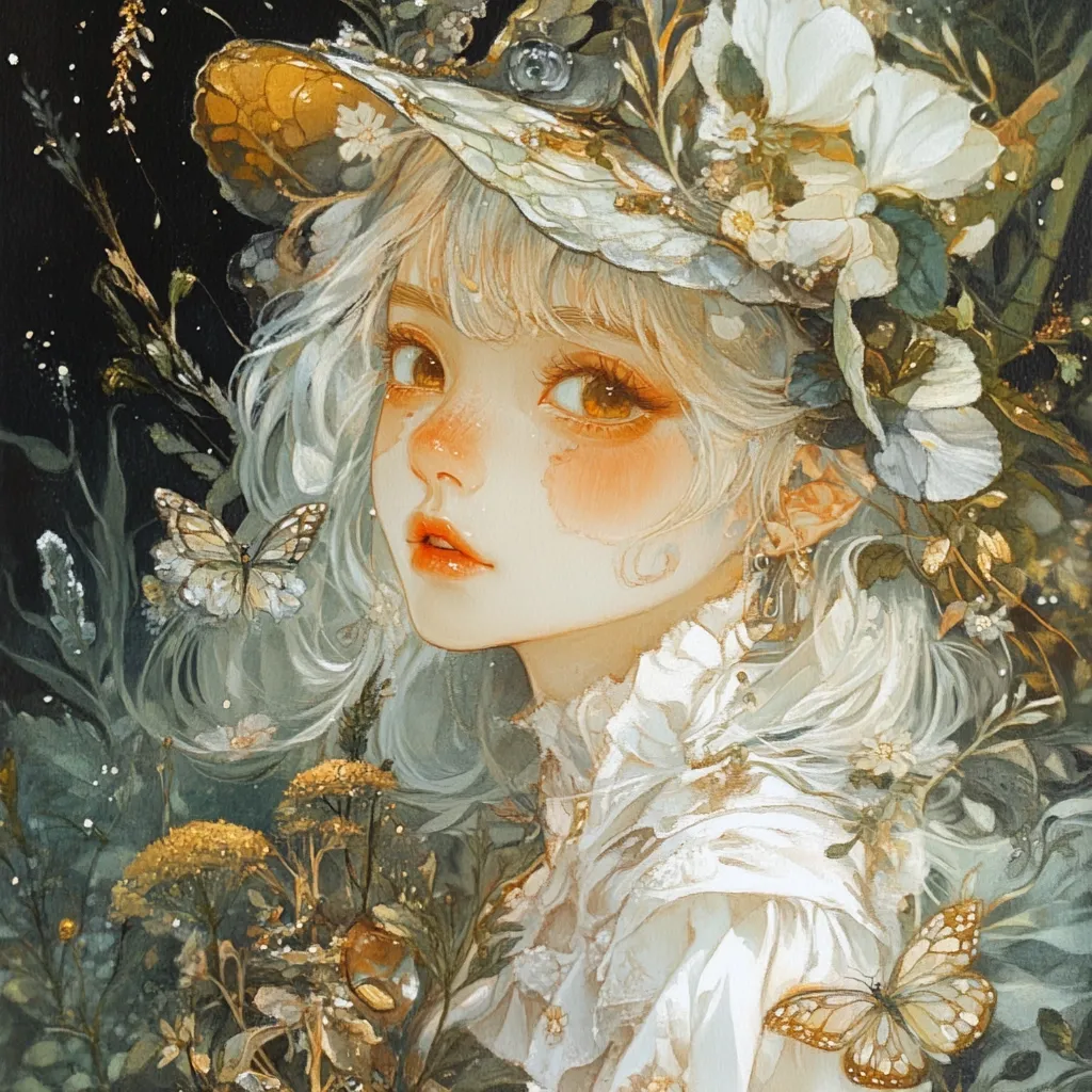 Here's a description of the image:

The artwork depicts a young woman with pale skin and long, silvery-white hair, adorned with a wide-brimmed hat decorated with delicate flowers and leaves.  Her amber eyes and peach-toned blush add warmth to her ethereal features. She wears a lacy, off-white garment.  Butterflies flutter around her, nestled within a lush garden of muted greens, yellows, and whites.  The overall style is soft, dreamy, and suggestive of a fairy or nymph-like character, bathed in a gentle, diffused light. The background is dark, creating a stark contrast to the luminous figure.