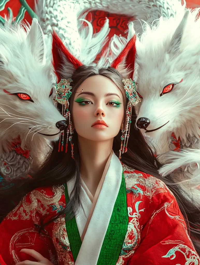 A young woman with dark hair and striking makeup is the focal point of this image.  She wears an ornate red and green Chinese-style robe, adorned with intricate embroidery.  Framing her face are two majestic white foxes with piercing red eyes, their fluffy fur creating a halo-like effect. The overall aesthetic is mystical and elegant, suggesting a fantastical or mythological theme. The rich colors and detailed costume contribute to a dramatic and captivating scene.
