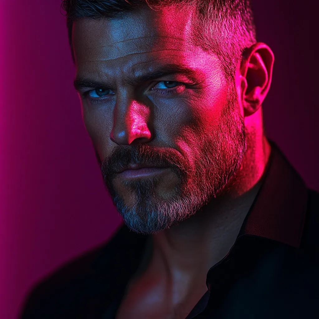 Close-up portrait of a man with short, dark hair and a salt-and-pepper beard.  His intense gaze is directed at the viewer.  The lighting is dramatic, with pink and blue hues illuminating his face and creating strong shadows, highlighting his chiseled features and facial hair. He's wearing a dark collared shirt, suggesting a stylish and possibly moody atmosphere. The image has a high-fashion or editorial feel.