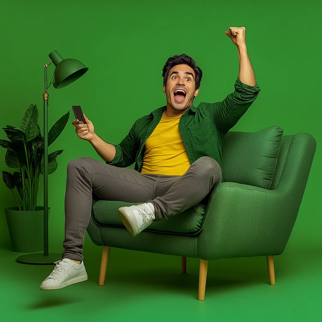 A jubilant young man sits in a green armchair against a matching green backdrop. He's wearing a yellow t-shirt under a green shirt and gray pants, and white sneakers.  One arm is raised in triumph as he looks upward with a wide, open mouth, holding a smartphone in his other hand. A floor lamp and potted plant are subtly visible in the background, adding to the relaxed, homey atmosphere. The overall impression is one of excitement and joy.
