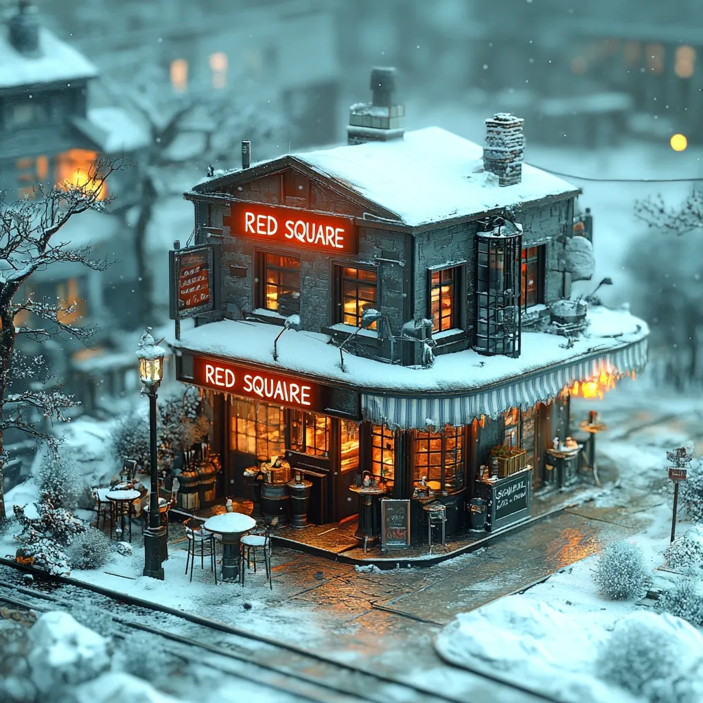 Here is a description of the image:

A charming, snow-covered miniature building, named "Red Square," is the focal point of a meticulously detailed diorama.  The two-story structure, with warm, invitingly lit windows, resembles a cozy café or pub.  A striped awning extends from its front, and small outdoor seating is visible.  The scene is set in a wintery cityscape, with snow dusting the ground and surrounding buildings hinting at a larger urban setting. The overall ambiance is peaceful and idyllic, with a touch of nostalgic charm.  The level of detail in the miniature is striking, giving it a lifelike quality.