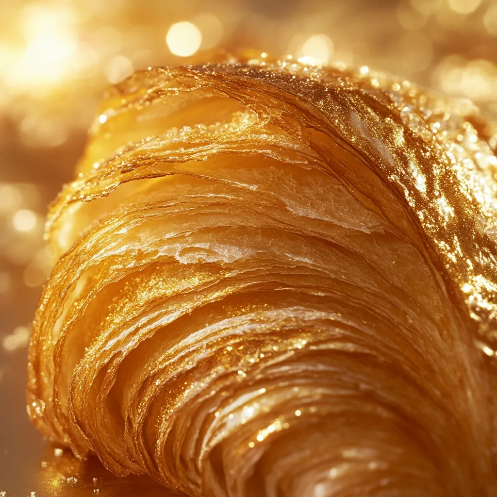 Here's a description of the image:

Close-up view of a croissant lavishly coated in gold edible glitter. The layers of the pastry are clearly visible, creating a textured, almost sculptural effect. The golden sheen reflects light, giving it a luxurious and opulent appearance. The background is blurred, with out-of-focus golden bokeh lights, enhancing the croissant's central position and emphasizing its rich color.  The overall impression is one of luxury and extravagance.