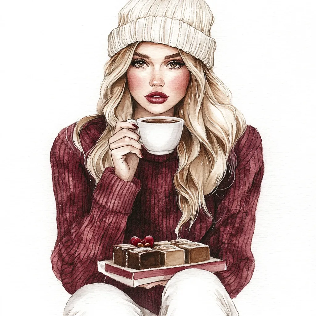 A watercolor illustration depicts a stylish blonde woman, wearing a burgundy sweater and cream-colored beanie.  She holds a warm beverage in a white mug and a box of chocolate squares. Her long hair cascades around her shoulders, and she gazes directly at the viewer.  The overall style is elegant and evokes a feeling of cozy comfort.