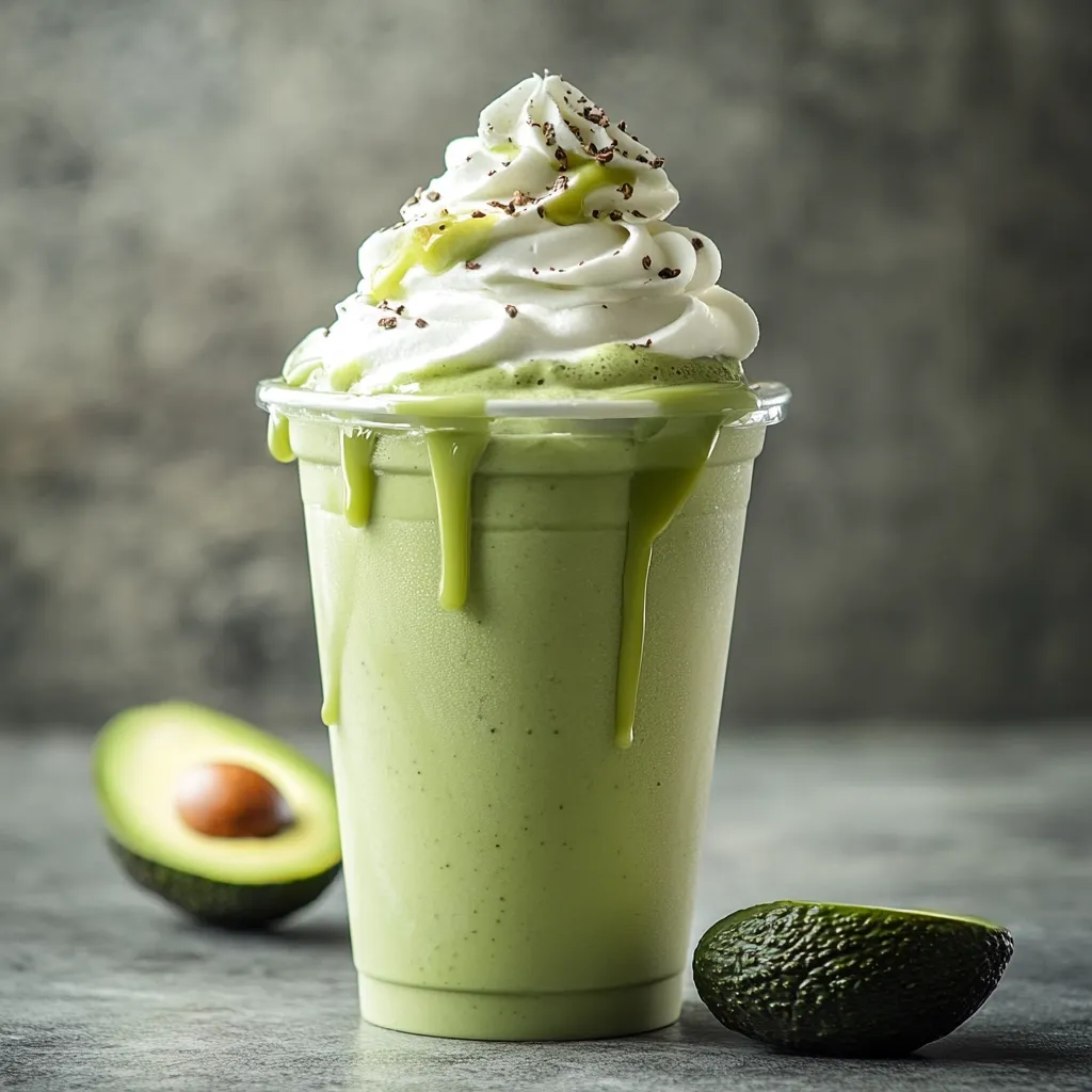 A refreshing green smoothie, possibly avocado or matcha-flavored, is presented in a clear plastic cup.  It's topped with a generous dollop of whipped cream, sprinkled with chocolate shavings.  Drizzles of a light green sauce cascade down the sides.  Two avocado halves sit beside the drink on a gray surface, suggesting the smoothie's main ingredient. The background is a blurred gray textured wall.  The overall impression is one of delicious, creamy coolness.
