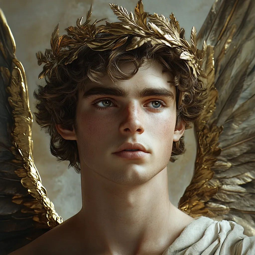 The image depicts a young man, possibly an angelic figure, with a serene expression. He is adorned with a golden laurel wreath and large, golden-tipped wings, suggesting a classical or mythological context. His curly brown hair frames a fair face with delicate features and light blue eyes. The overall style is reminiscent of Renaissance-era art, with a soft, ethereal quality to the lighting and color palette. The man's bare shoulders and simple draped garment emphasize his youthful beauty and ethereal presence.