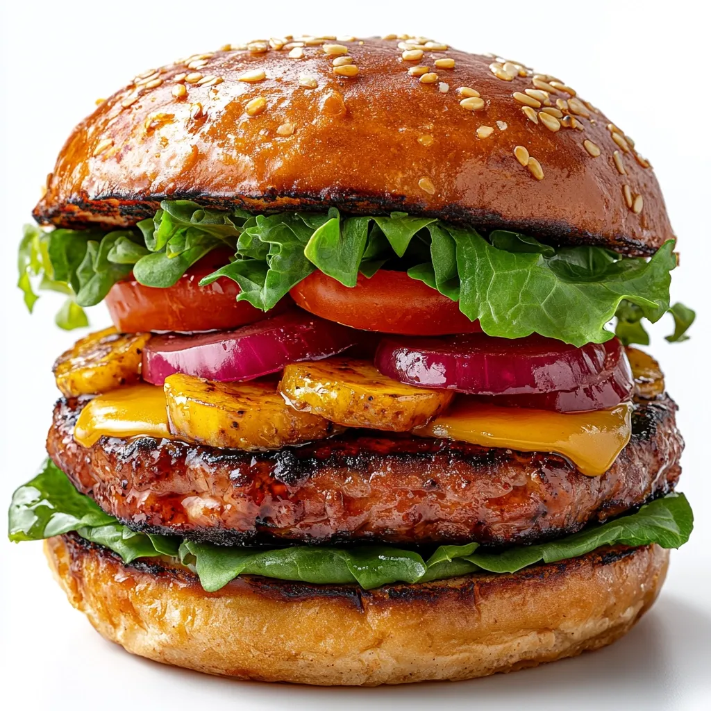 Here's a description of the image:

A juicy gourmet burger is the focal point, captured in a close-up shot against a stark white background.  The sesame seed-studded bun cradles a perfectly seared patty, topped with melted cheddar cheese.  Layers of caramelized pineapple, red onion, and ripe tomato slices are nestled beneath a generous bed of vibrant green lettuce. The burger's construction is evident in its meticulous layering, highlighting the freshness and quality of its ingredients.  The image showcases the burger's appetizing texture and color, promising a delicious and satisfying bite.