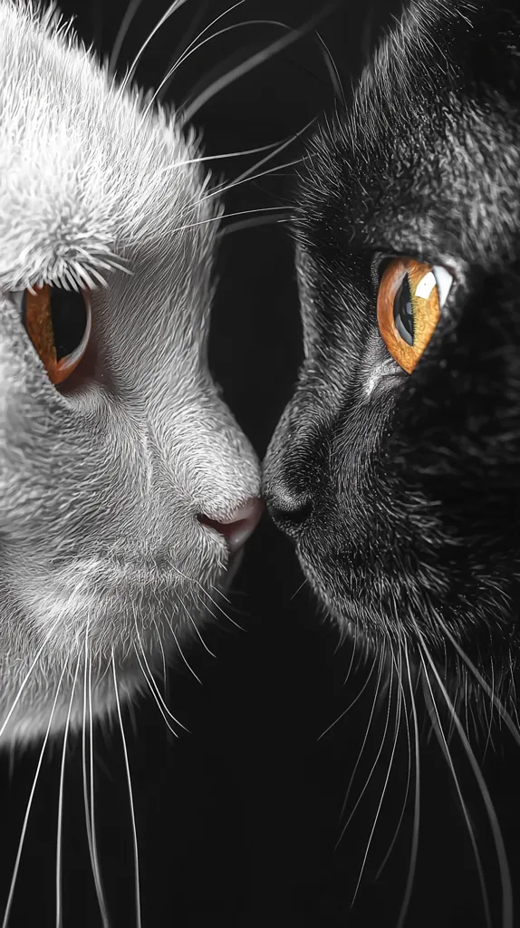 Close-up of two cats' faces, a white cat and a black cat, nearly touching noses.  Their amber eyes are prominent against their contrasting fur. The image is sharply focused, highlighting the texture of their fur and whiskers.  The dark background emphasizes the cats' features, creating a dramatic and intimate portrayal of feline connection.  The overall effect is one of striking contrast and quiet intimacy.