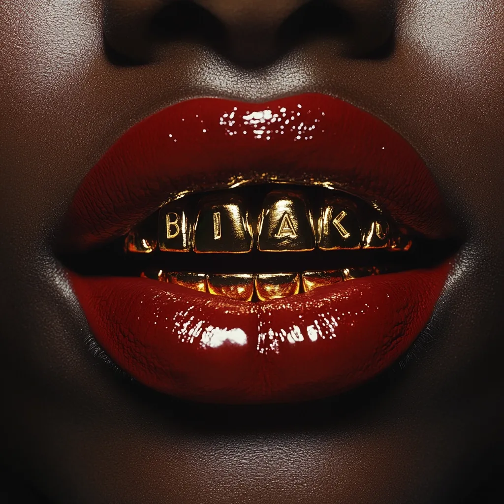 Close-up view of a person's mouth with full, dark red lips.  The focus is on a gold grill covering their teeth, with the letters "B I A K" prominently displayed. The contrast between the deep red lipstick and the gleaming gold creates a striking visual. The image is sharply focused, emphasizing the texture of the lips and the detail of the grill.  The skin tone is dark.