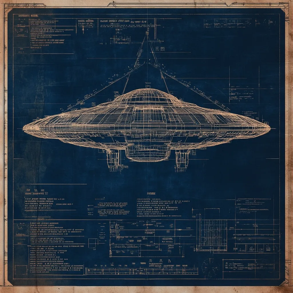 Here's a description of the image:

The image is a stylized blueprint, rendered in sepia tones on a dark blue background, resembling aged technical drawings.  The central focus is a detailed technical drawing of a classic flying saucer, complete with intricate lines indicating its structure and components.  Surrounding the saucer are various technical specifications, diagrams, and annotations in a style reminiscent of mid-20th-century engineering documents.  The overall effect is one of vintage science fiction, evoking a sense of mystery and technological advancement.  The edges show signs of age and wear, adding to the antique feel.